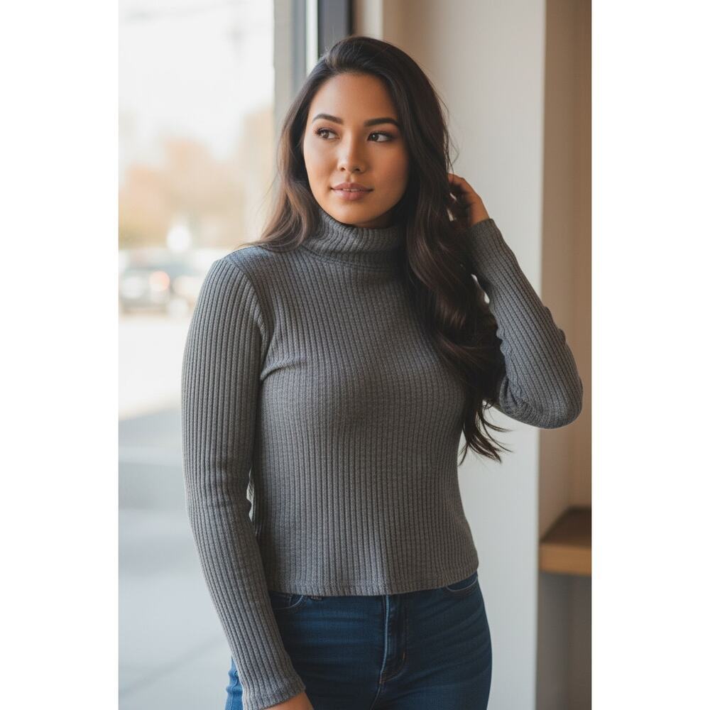 Planet Gold Gray Ribbed Turtleneck Long Sleeve Top Size S/M